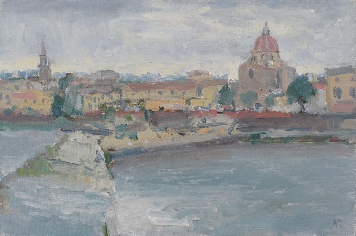 Impressionistic Landscape Oil Painting By Alex James Long, 12 X 8, Ponte Amerigo Vespucci, Original Artwork