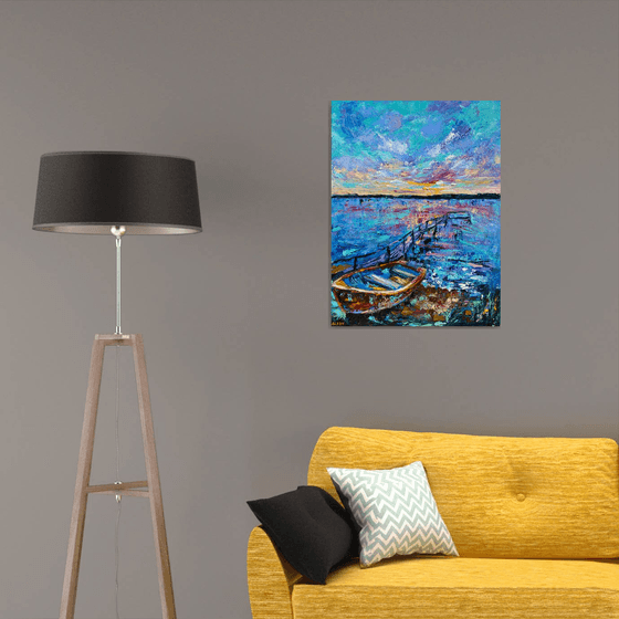 Sunset - On the shore, 60*80cm, impressionistic landscape oil painting in purple, blue and pink
