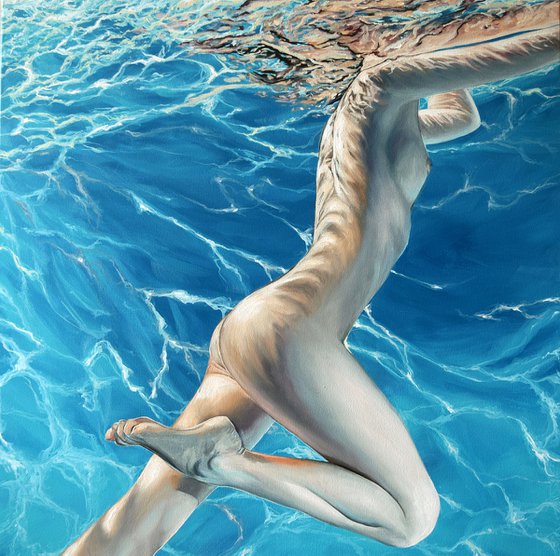"Underwater" 80 x 80 cm / woman in pool, photorealism, water, summer, realistic, swimmer