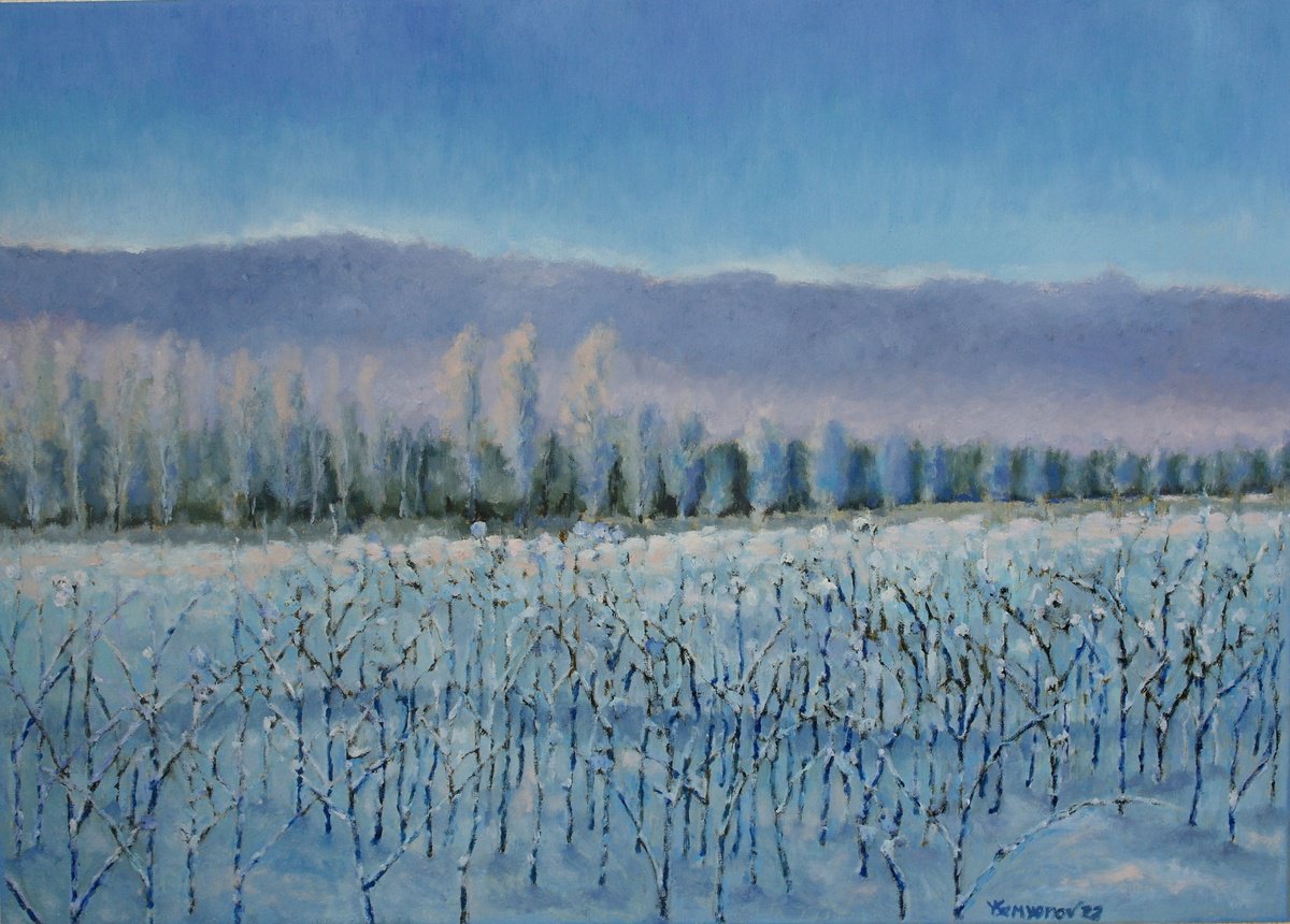 Expressive Landscape Oil Painting By Juri Semjonov, 28 X 20", Winter Evening, Original Artwork