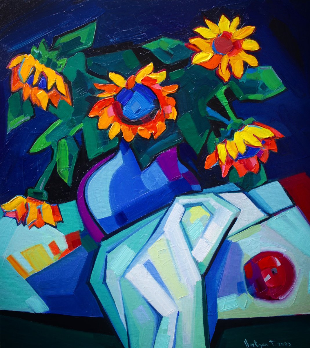Expressive Still Life Oil Painting By Tigran Avetyan, 20 X 22", Still Life With Sunflowers, Original Artwork