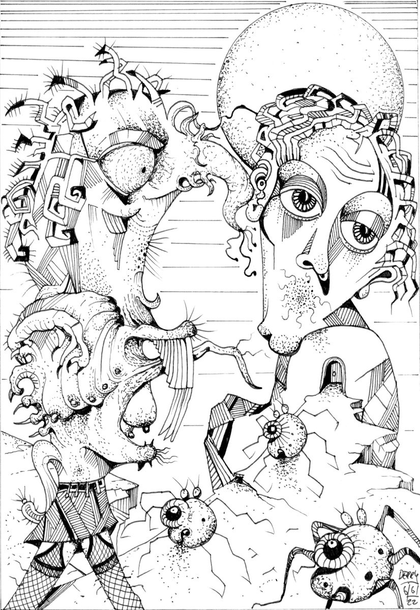Surrealistic Portrait Ink Drawing By Spencer John Derry, 8 X 12", The Parasites, Original Artwork