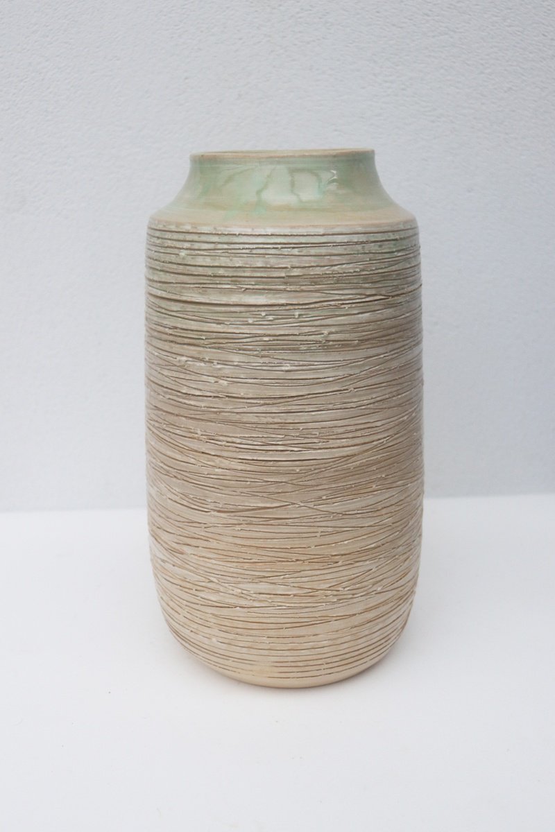 Geometric Abstract Clay Sculpture By Koen Lybaert, 7 X 12", Large Scratched Vessel, Original Artwork