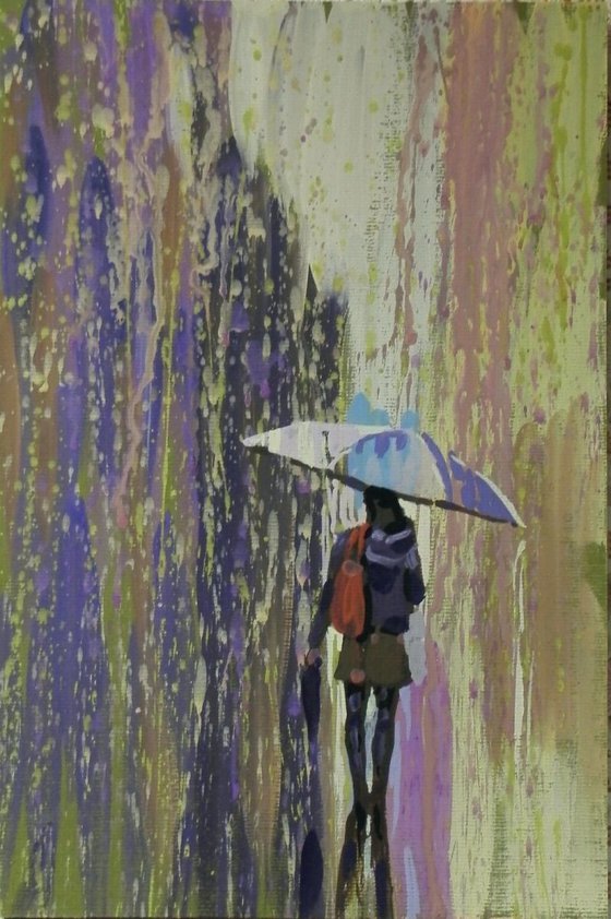 The girl under an umbrella II. original painting 19.5x29 cm, 2015