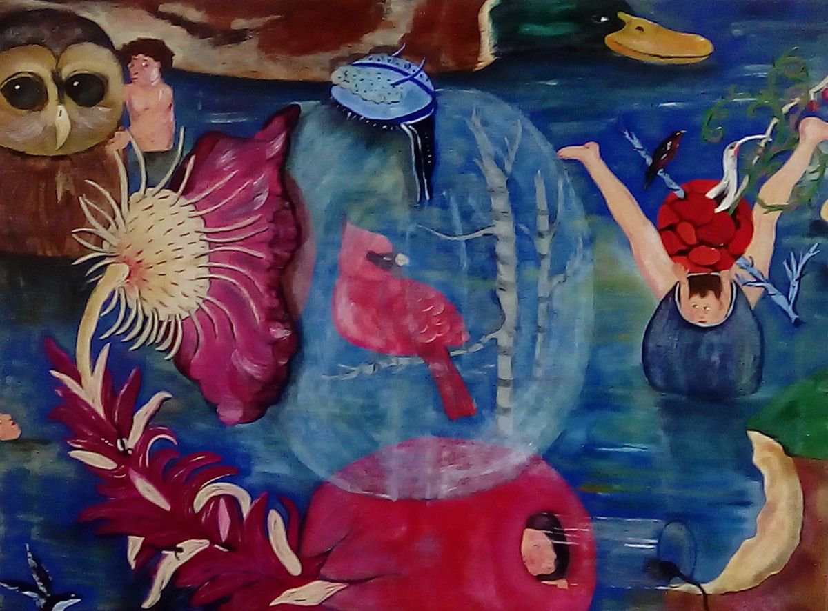 Naive Animal Oil Painting By Corinne Hamer, 32 X 24, Life On The Water, Original Artwork