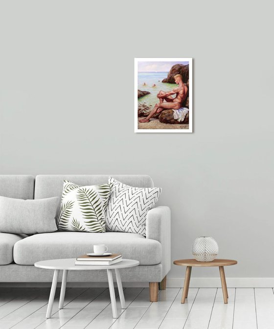 BATHERS - Nostalgic Seascape: Handmade Artwork, Original Painting Capturing a Beautiful Day by the Seashore with Three Friends.