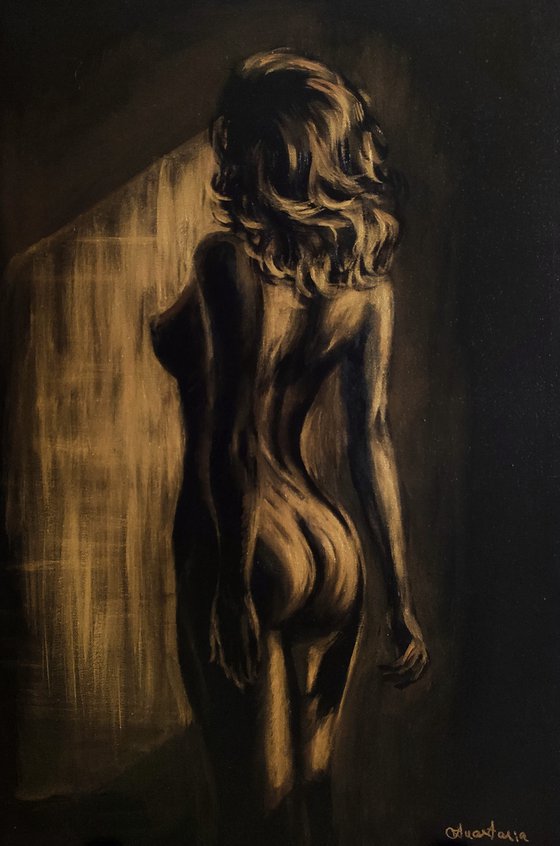 Beautyful Lady Gold Hd Porn - Beautiful Naked Woman Erotic Art Nude painting Black and Gold Acrylic  painting by Anastasia Art Line | Artfinder
