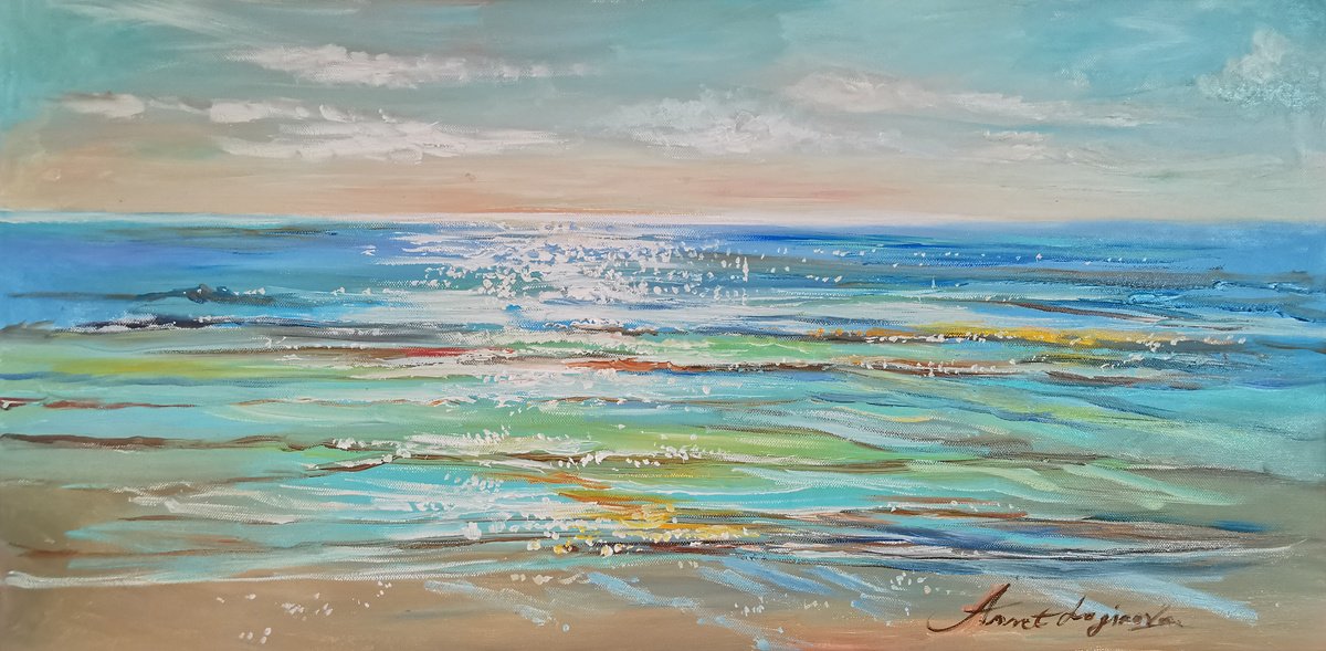Impressionistic Landscape Oil Painting By Annet Loginova, 31 X 16, Seascape Painting On Canvas Blue Waves, Original Artwork