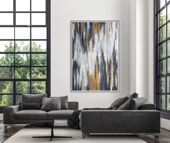 Large Abstract Gray and Gold Painting for Modern Interior Studio Abstract Acrylic Artwork