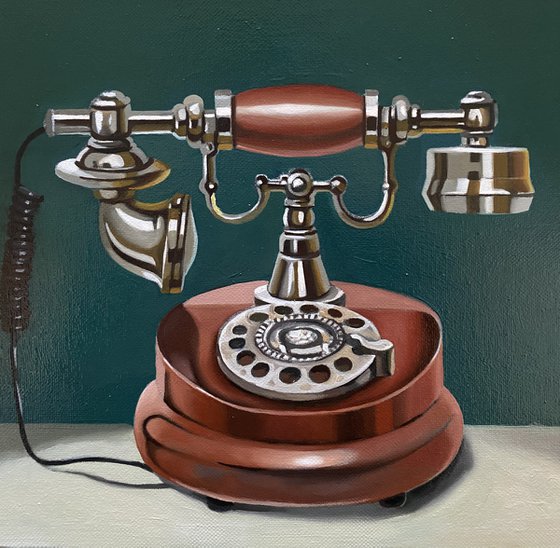 Still life with old telephone (24x35cm, oil painting, ready to hang)