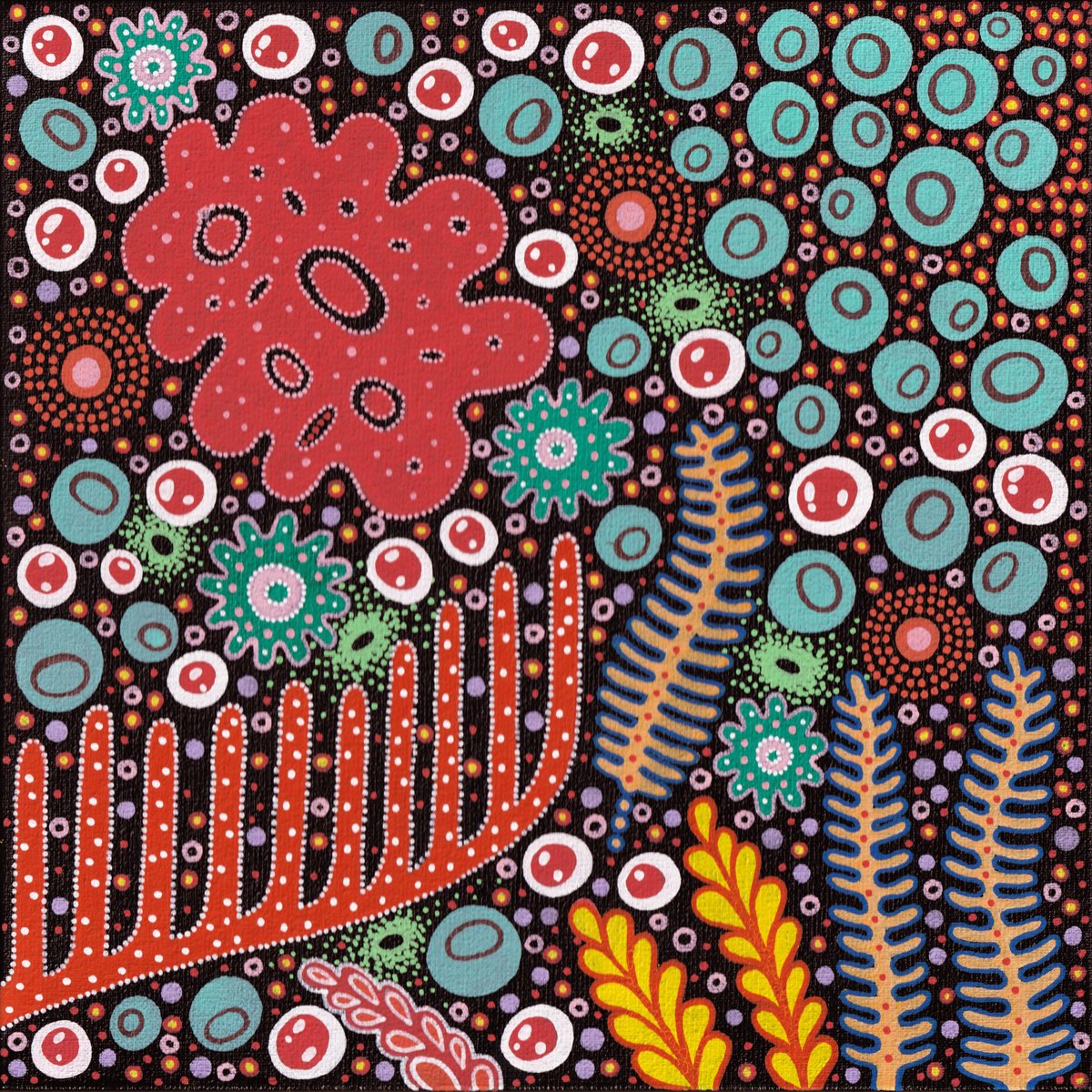 Naive Botanical Acrylic Painting By Veronika Demenko, 8 X 8", Underwater Life N.8, Original Artwork