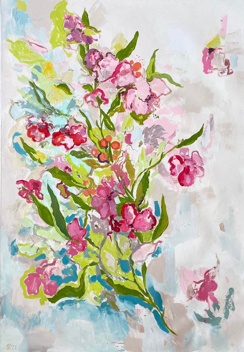 Organic Botanical Acrylic Painting By Ksenia Kozhakhanova, 28 X 39", "Winter Flowers - ?, Original Artwork