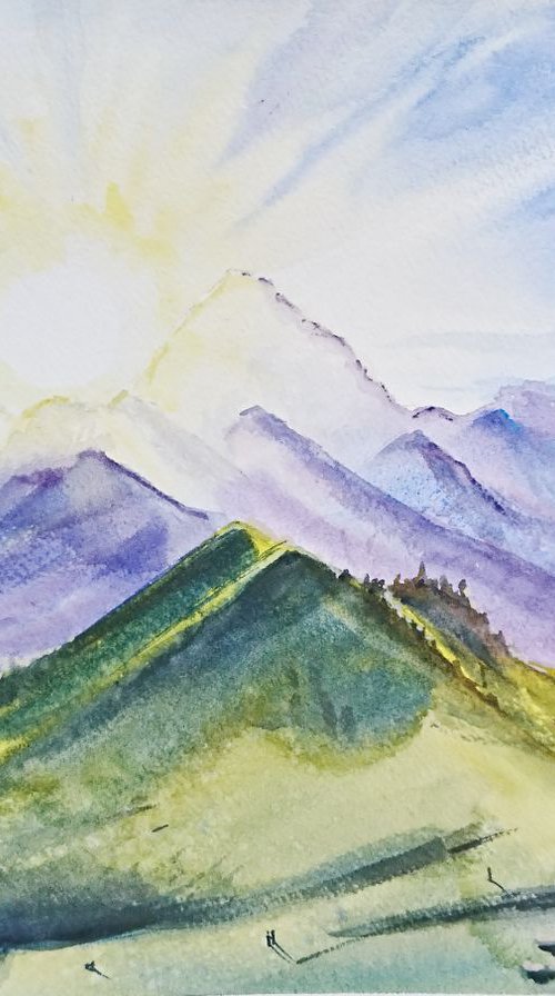 Sunrise. Watercolor painting on paper. Landscape. Original artwork by Svetlana Vorobyeva