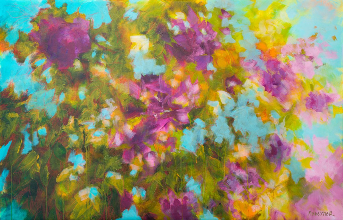 Impressionistic Botanical Acrylic Painting By Fabienne Monestier, 55 X 35, Joyous Floral In Paris, Original Artwork