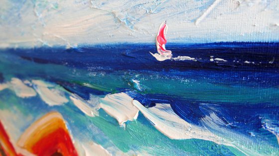 Original Acrylic Painting - Woman Beach Painting Straw Hat Sunbed by ...
