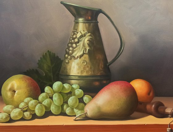 Still life with fruits and duduk (40x60cm, oil painting, ready to hang)