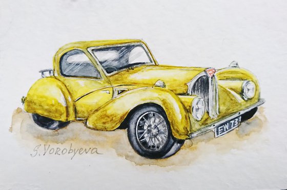 Yellow car. Watercolor miniature. Part from "Retro cars" series. Framed