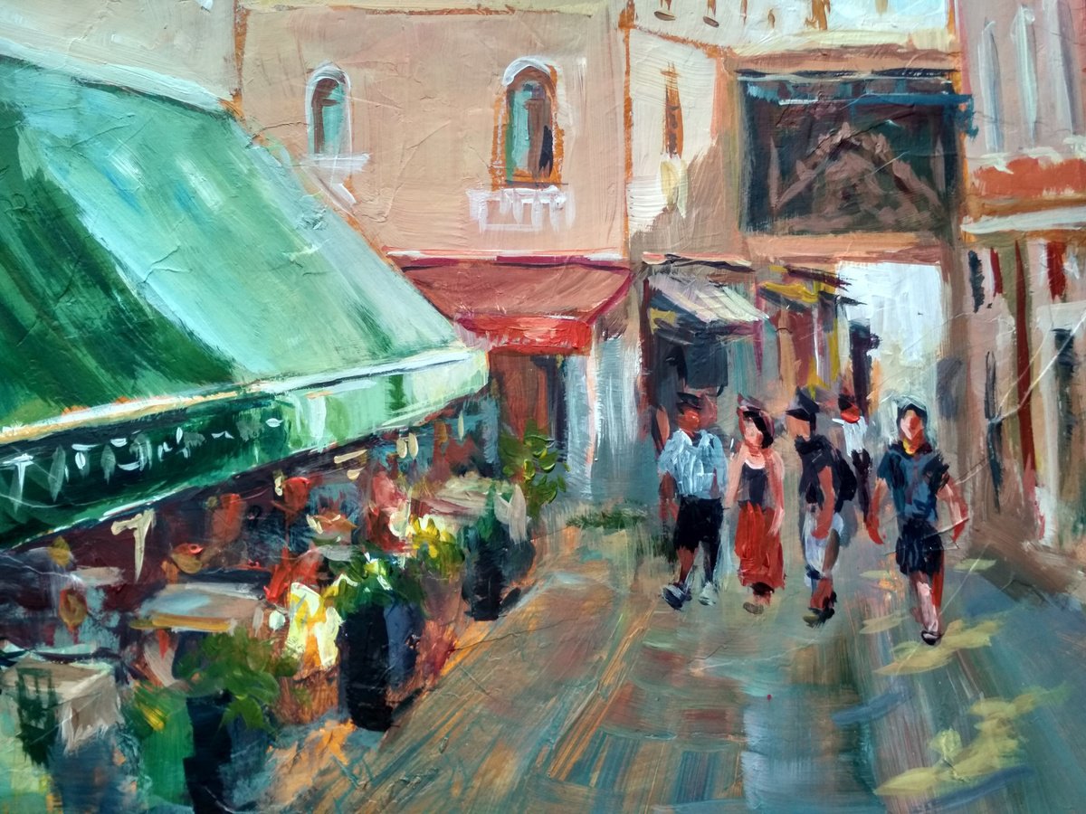 Impressionistic Cityscapes Acrylic Painting By Ann Krasikova, 20 X 15, Afternoon Stroll In Venice, Original Artwork