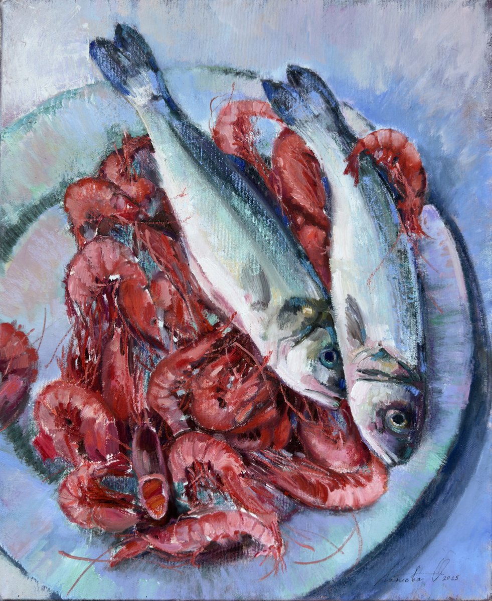 Oil Painting , Fish And Shrimp By Olha Laptieva, 15 X 19, Artwork For Sale On Artfinder