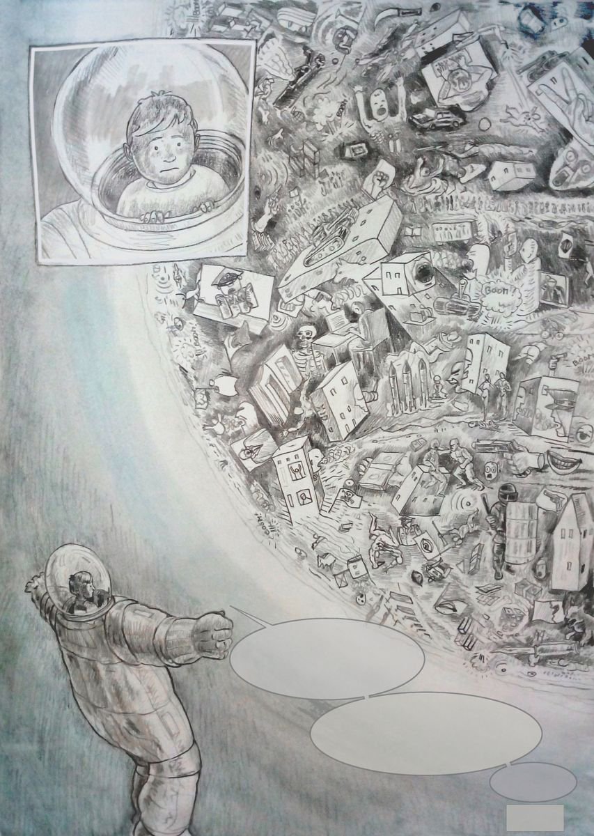 Cartoon Landscape Drawing By Paolo Beneforti, 14 X 20", Orbit, Original Artwork