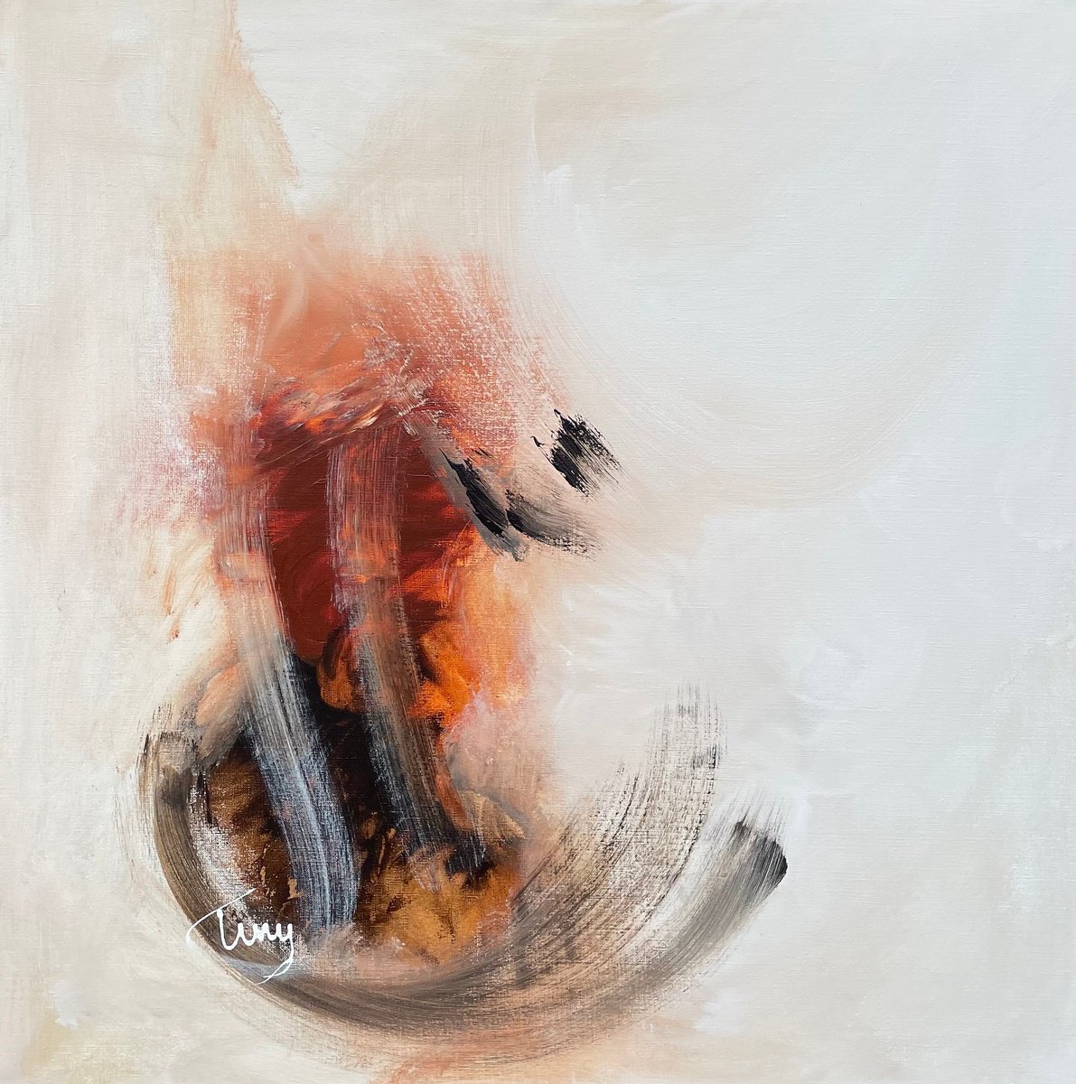 Abstract Acrylic Painting By Tiny De Bruin, 31 X 31", Raw Energy In Burned Sienna 2, Original Artwork