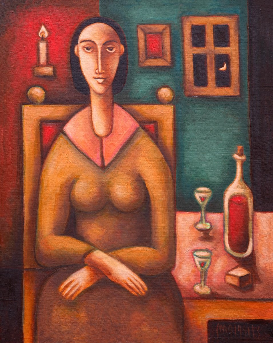 Surrealistic Portrait Oil Painting By Malasits Zsolt, 16 X 20", Waiting For Love 3., Original Artwork