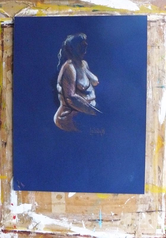 Female nude - seated - blue background