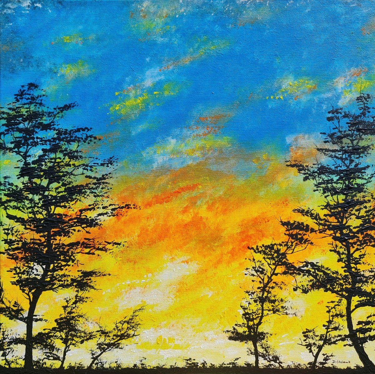 Impressionistic Landscape Acrylic Painting By Daniel Urbani?k, 20 X 20, Yellow Sunset 1, Original Artwork