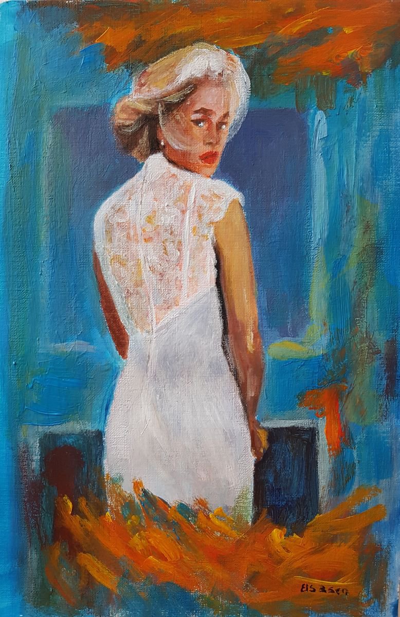 Impressionistic Portrait Acrylic Painting By Els Driesen, 8 X 12, Bride In Flame, Original Artwork