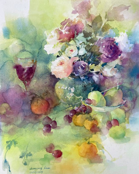 Flowers, Fruits And Wine In Green