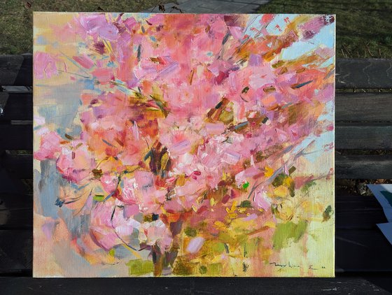 Cherry blossom Sakura . 70х80 cm. Blooming tree . Large spring impressionistic oil painting .