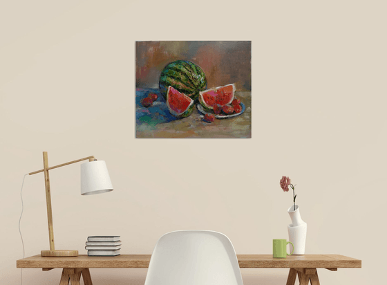 Still life - watermelon  (42x50cm, oil painting, ready to hang)