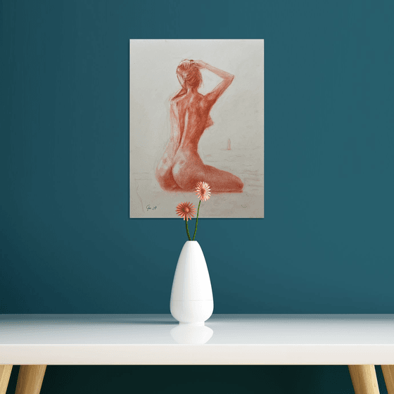 Nude girl sitting on the beach, Ukrainian original artwork