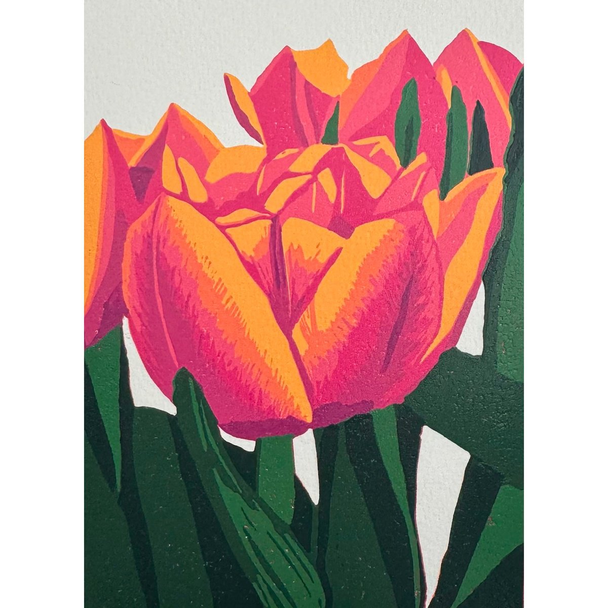 Illustrative Botanical Linocut By Kirstie Dedman, 6 X 8", Tulips, Original Artwork