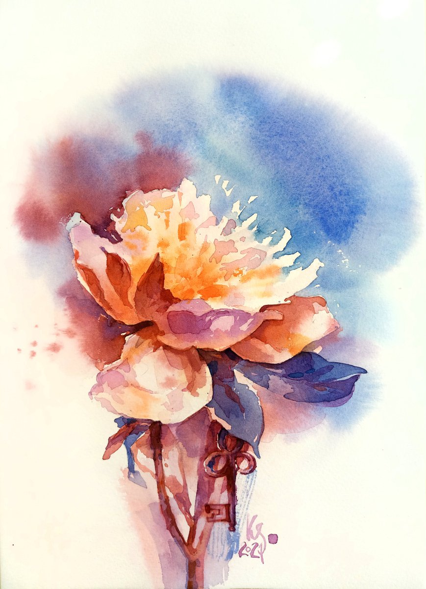 Original watercolor painting Peony Blossom. Light-hearted flower by Ksenia Selianko