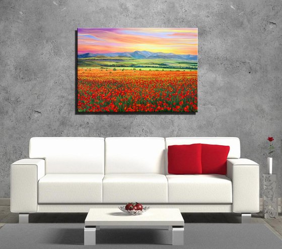 "Orange sunset", field of poppies landscape