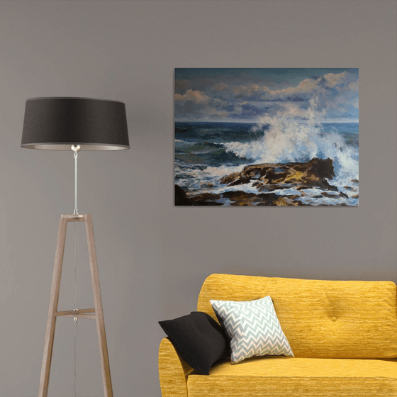 Sun on the ocean wave, original one of a kind acrylic on wide edges canvas seascape