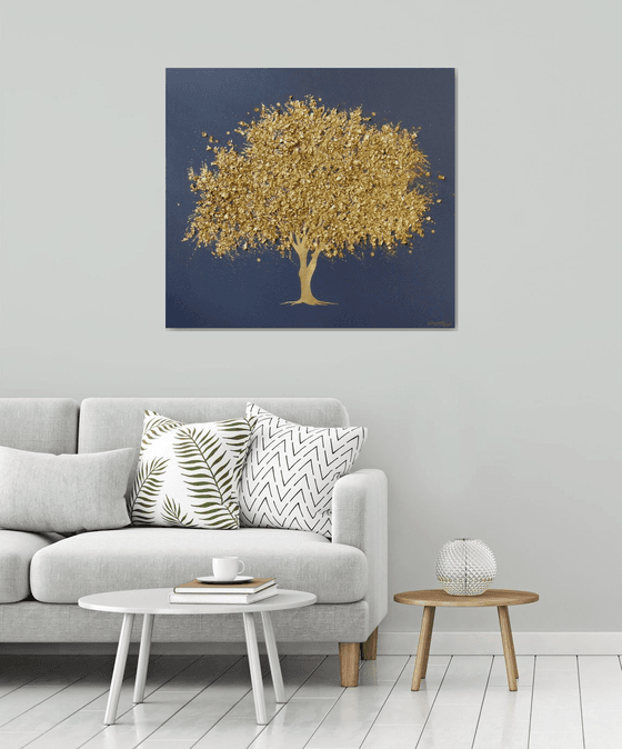 35.5” Blooming golden tree / ”Tree of Life” Large Mixed Media Painting