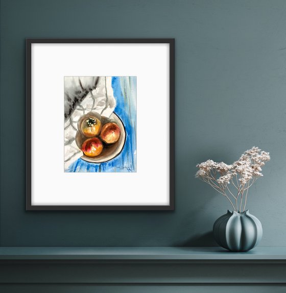 Still life with Persimmon original watercolor 27,5x 37  cm,  art decor, gift idea, decor for kitchen