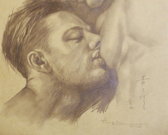 Original drawing pencil male nude gay interest men on brown paper#16-6-4