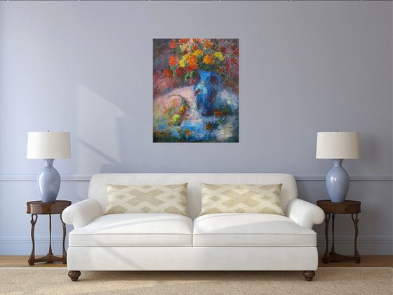 Chrysanthemums in a Blue Jug