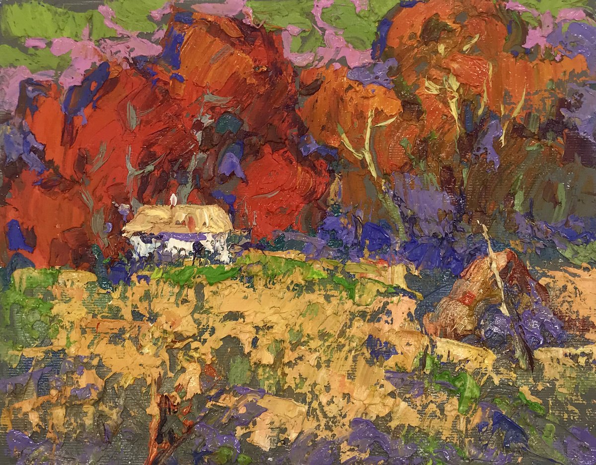 Impressionistic Landscape Oil Painting By Kalenyuk Alex, 10 X 8", Autumn Crimson, Original Artwork