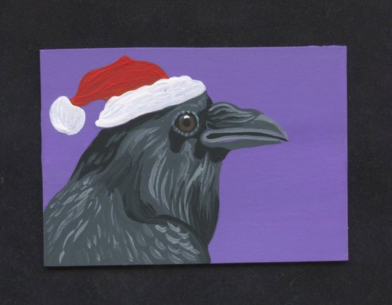 ACEO ATC Original Miniature Painting Christmas Crow Raven Bird Wildlife Art-Carla Smale