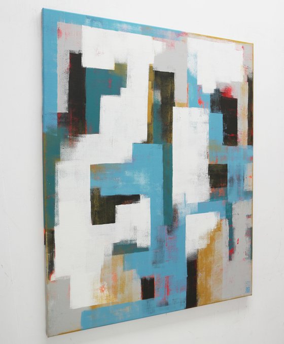 Vertical Abstract Painting: Untitled in Blue & Grey - 90x110 cm - Ronald Hunter - 2O