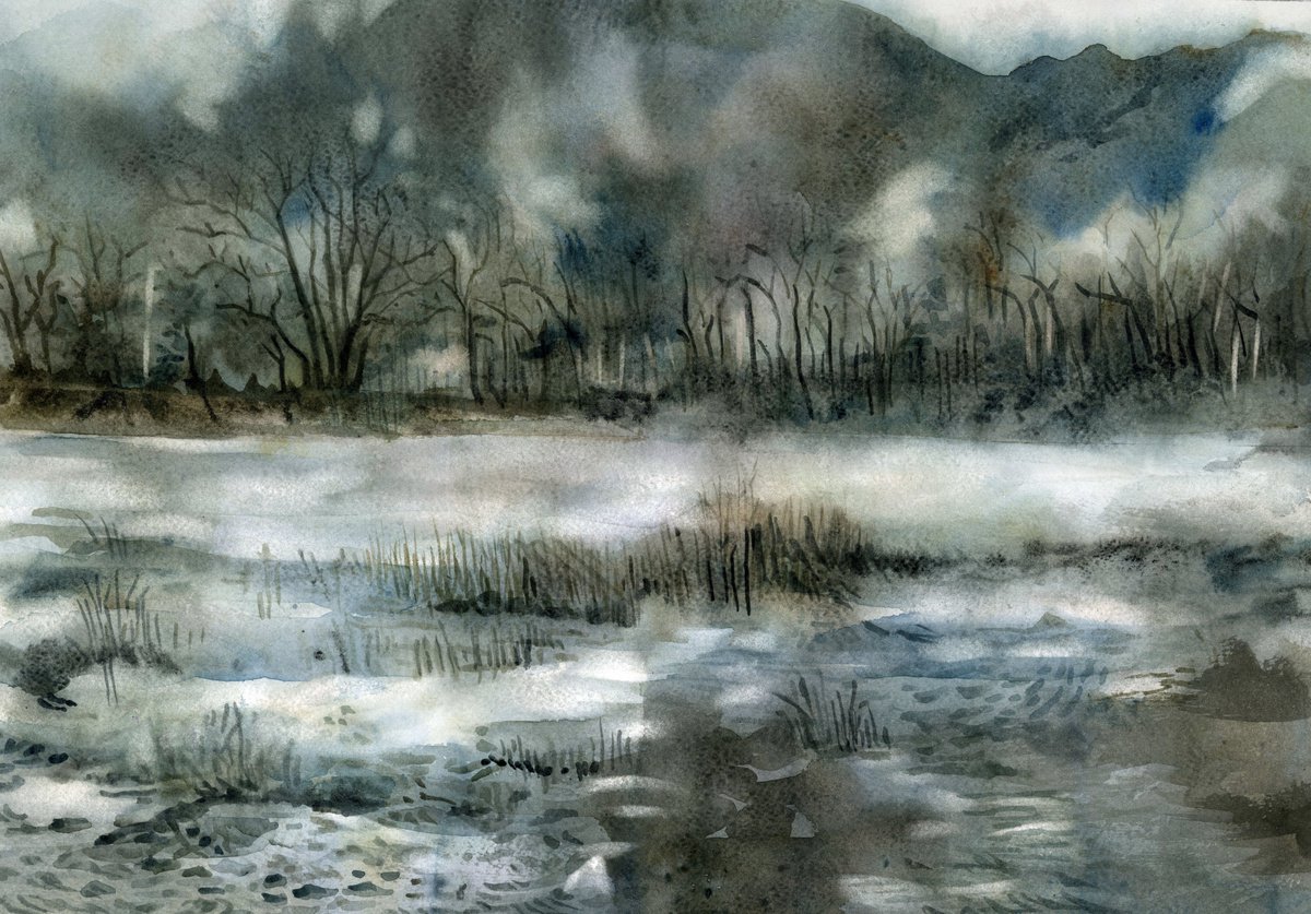 Impressionistic Landscape Watercolour By Alfred Ng, 21 X 15, Morning Lake Mist Watercolor, Original Artwork