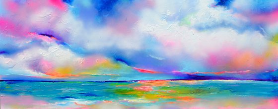 New Horizon 147 - 150x60 cm, Colourful Painting, Colourful Sunset Painting, Impressionistic Colorful Painting, Large Modern Ready to Hang Abstract Landscape, Pink Sunset, Sunrise, Ocean Shore