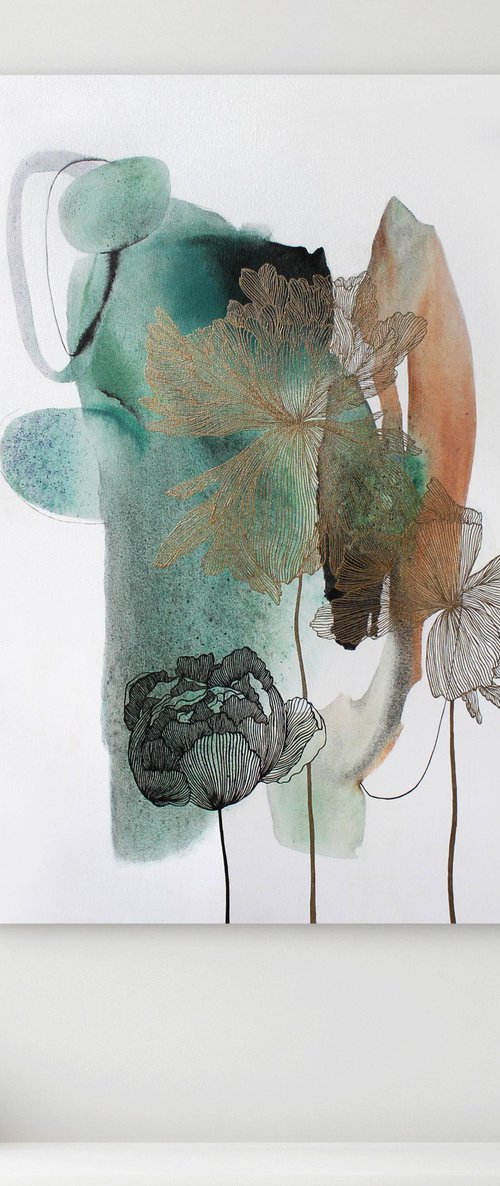 "Green Thincord" Green gold flowers art by Marine Boiko