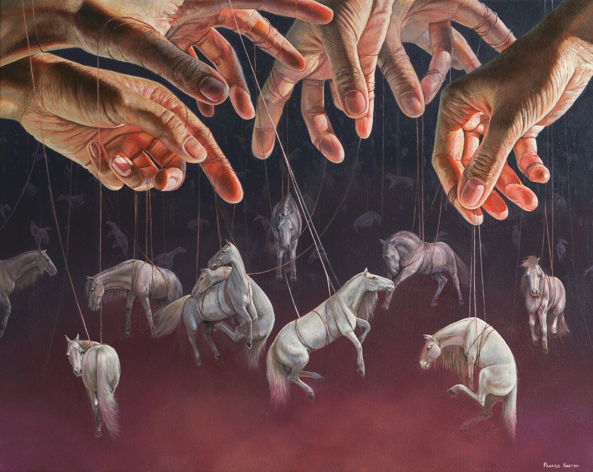 Surrealistic Animal Oil Painting By Anastasia Parfilo, 20 X 16, The Puppets, Original Artwork