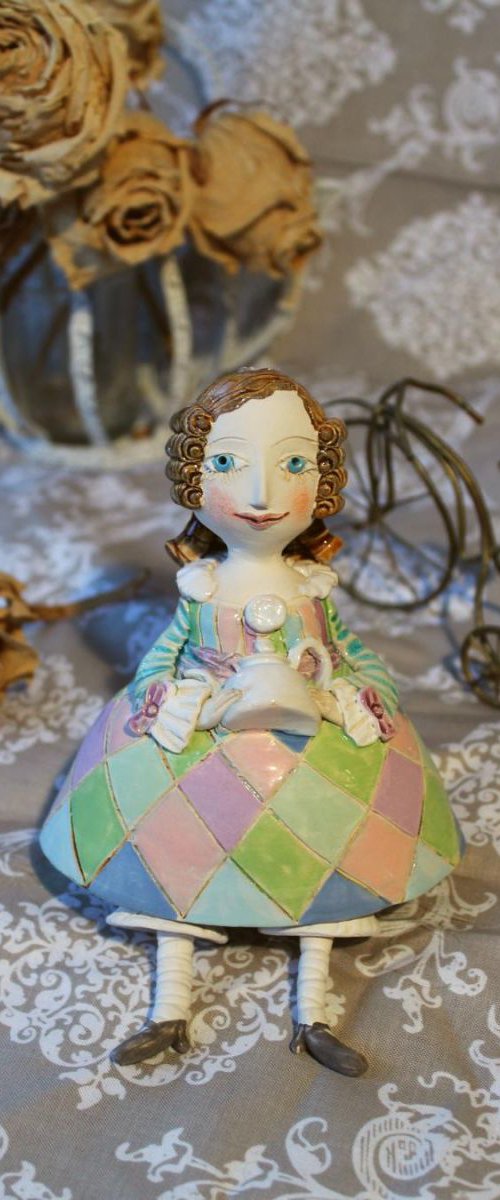 Vintage girl with a teapot. Mini sculpture, unique ceramic bell doll. by Elya Yalonetski