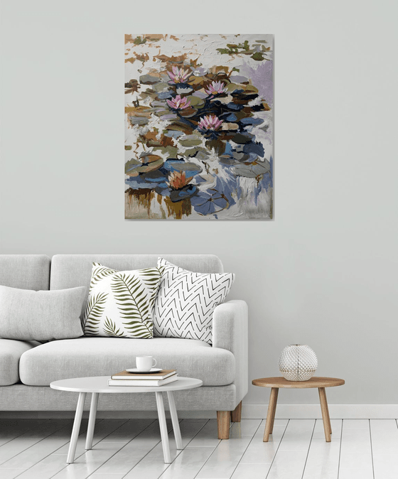 Summer Pond. Pink Water Lilies.